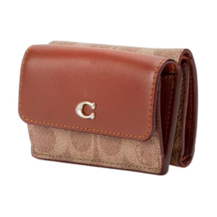 Coach Trifold Wallet 11 Logo Classic Monogram Flap Snap Coated Canvas And Calfskin Women Wallet Brown Khaki CM438-B4NQ4