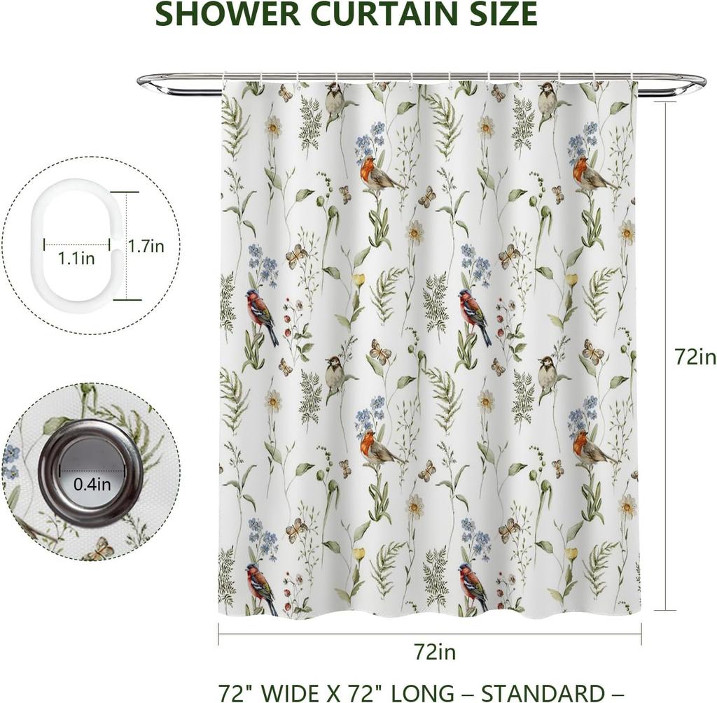 Frühlingsblumen Vögel Duschvorhänge Wilde Natur Gras Blätter Schmetterling Botanisch Wasserdicht Waschbarer Stoff Moderne Ästhetik