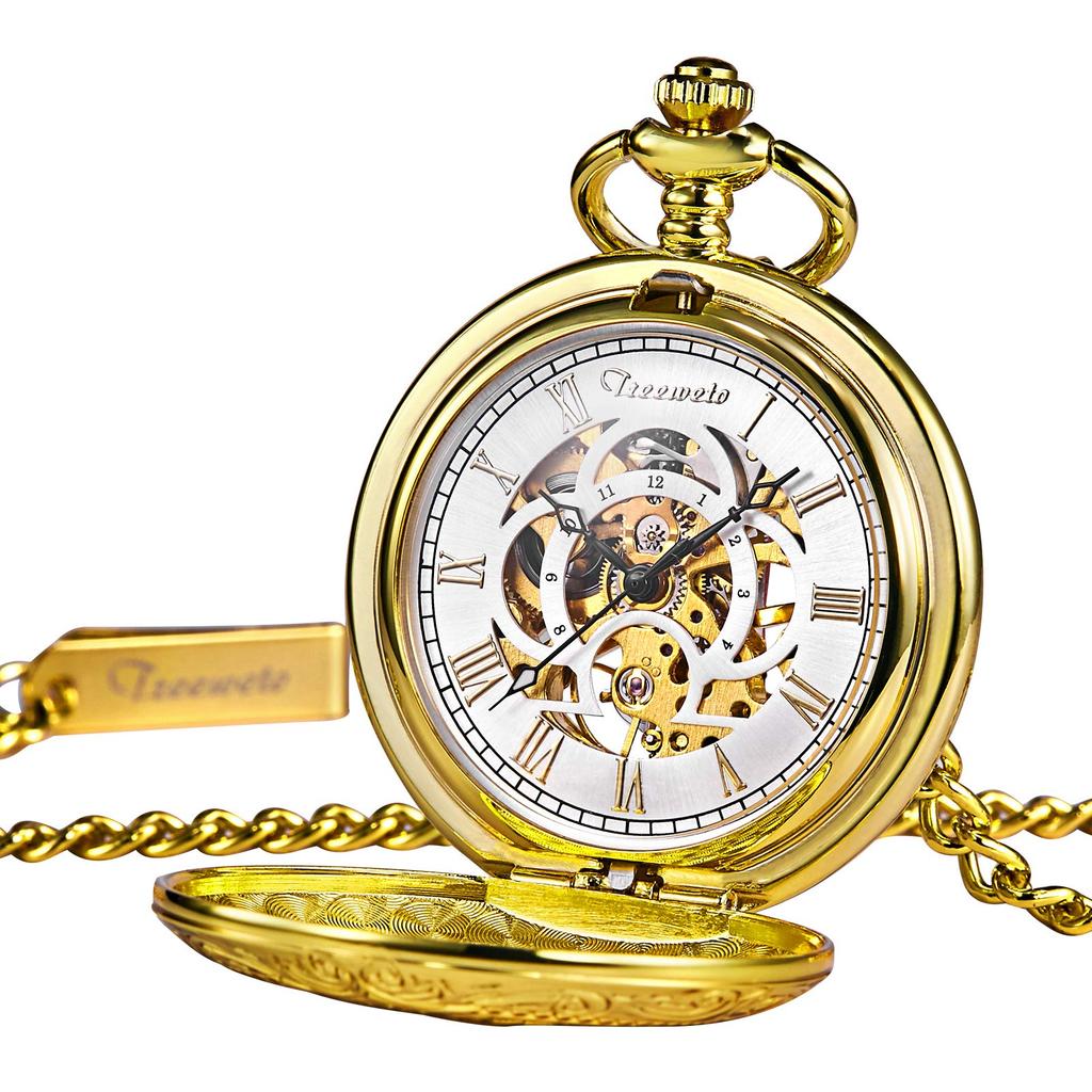 TREEWETO Mechanical Hand-Wind Pocket Watch Roman Numerals Skeleton Gold with Chain
