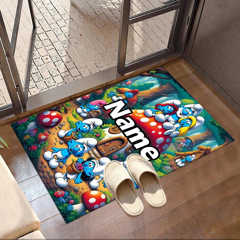 Custom Name Personalized Blue Smurfs Print Carpet, Versatile Home Decor Rug, for Playroom, Apartment, Balcony, Entryway, Hallway Gift