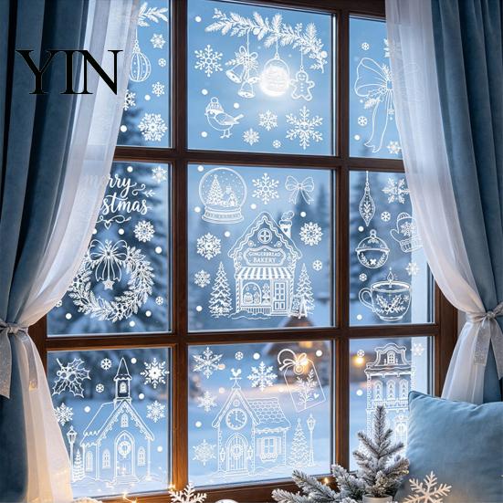 Christmas Party Window Ornaments 9Pcs Clings, Static Glass Stickers, Reusable White Line Hand-Painted Decals Stickers for Holiday Home Decorations,