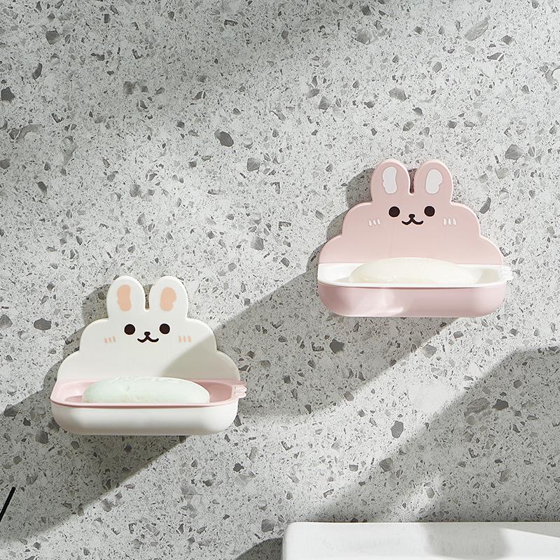 Cute Rabbits Soaps Box Holder Wall Mounted Punch Free Double-Layer Quick Drain Soaps Storage Case Bathroom Accessories