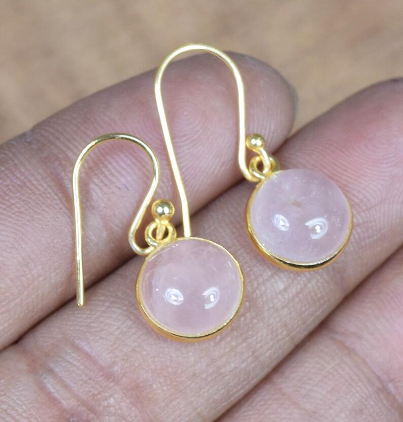 Solid 925 Sterling Silver Rose Quartz Round Gemstone Handmade Drop Earrings Yellow Gold Plated Earrings