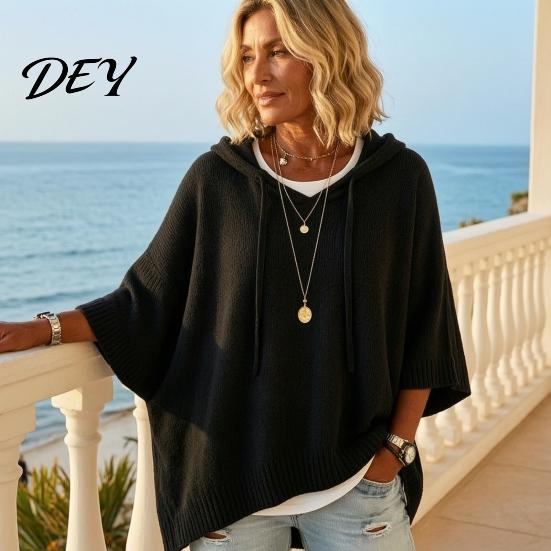 Casual Hooded Sweater Autumn Women Knit Pullover Sweater, Loose Fit Drawstring 3/4 Sleeve Drop Shoulder Solid Color Winter