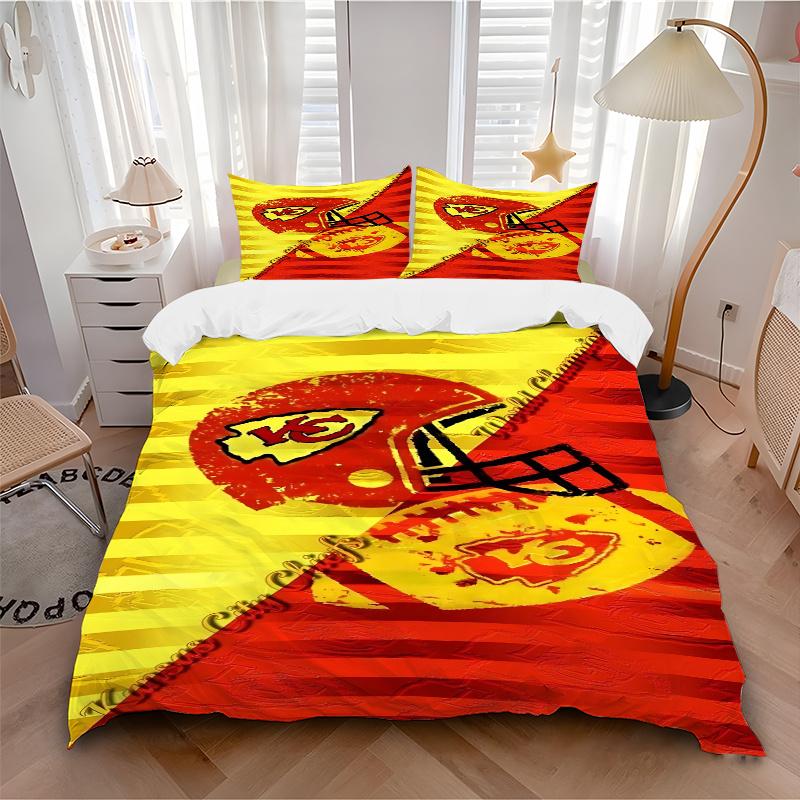 3pcs Kansas City Chiefs World Champions Football Helmet Print Home Decor Bedding Set-Universal Three-Piece Suit for Bedroom, Guest Room, Liv