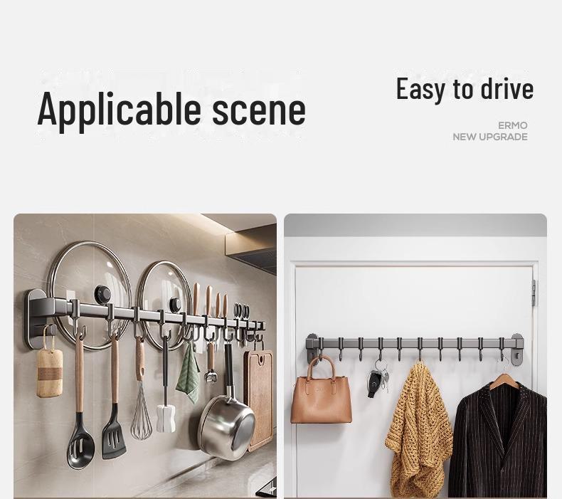 Raft de bucătărie fără găuri cu cârlige din aluminiu pentru spatule și linguri