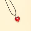 Elegant Red Glass Heart Pendant Necklace with Soft Black Leather Rope Collarbone Chain Accessory For Daily Wear