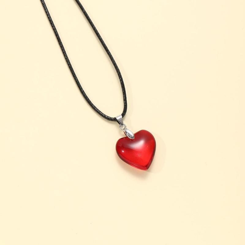 Elegant Red Glass Heart Pendant Necklace with Soft Black Leather Rope Collarbone Chain Accessory For Daily Wear