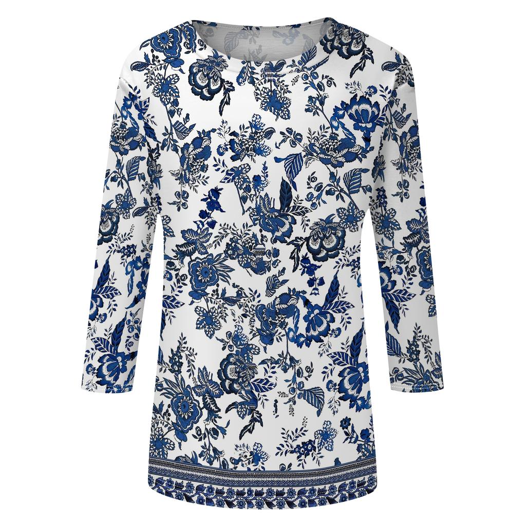 Women's Fashion Casual Round Neck 3/4 Sleeve Loose Printed T-Shirt Ladies Top