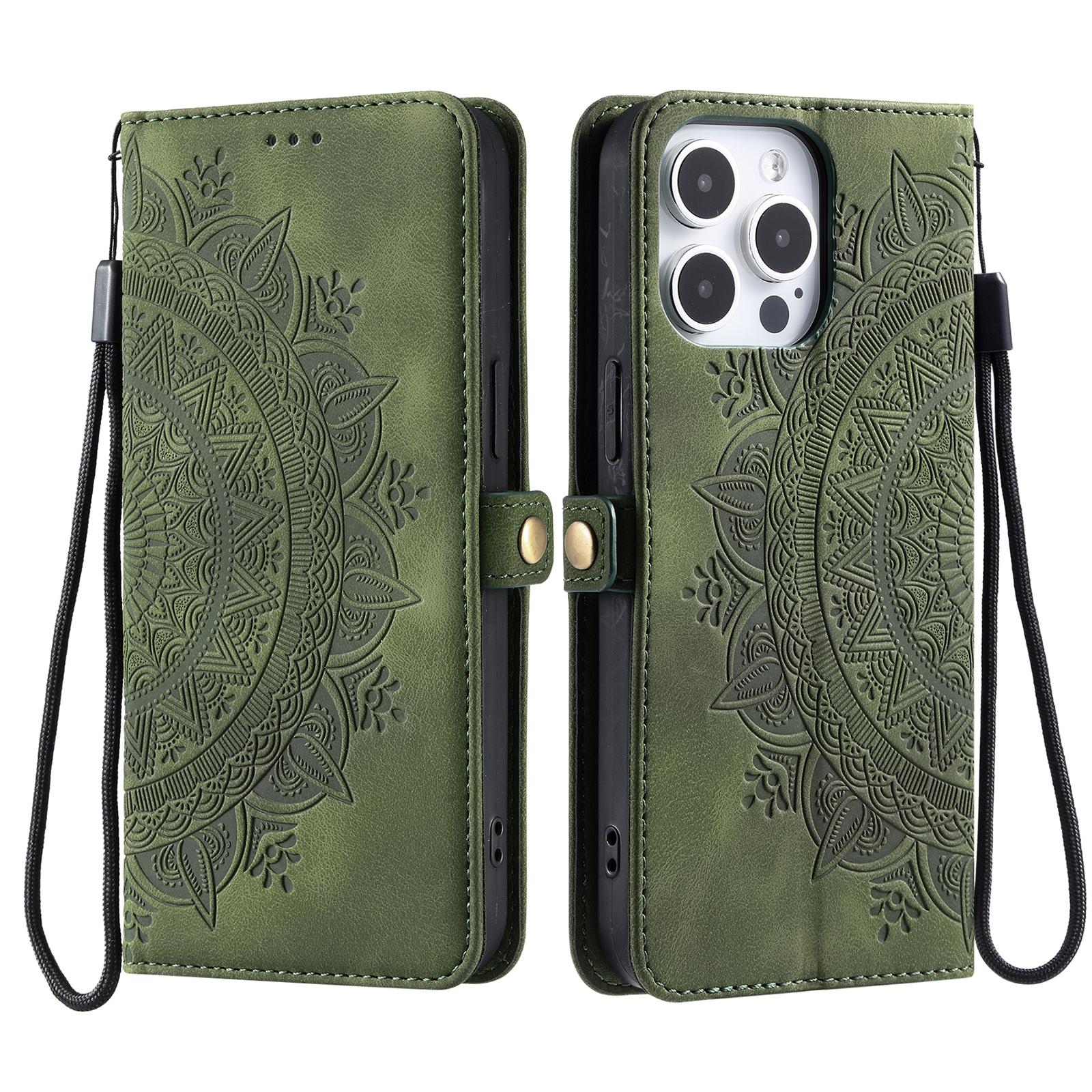 

Style 016 For iPhone 15 Pro Case Skin Feel Totem Imprinted Wallet Leather Phone Cover Blackish Green