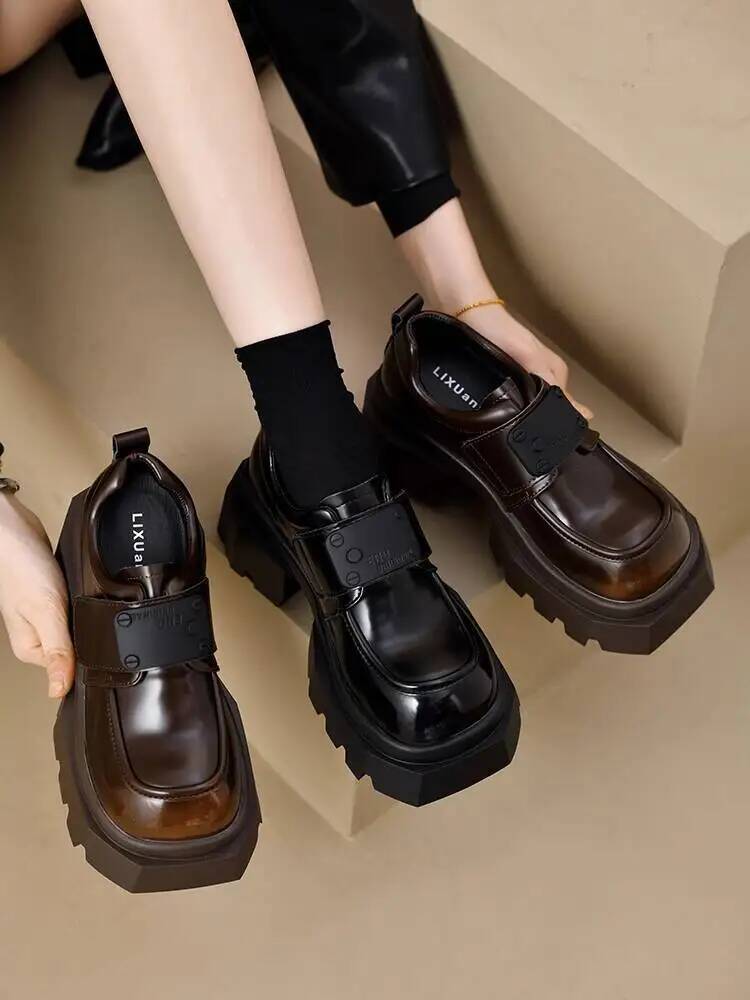 Leather Shoes  New Spring Autumn Women'S Black Loafers Vintage British Style Thick Soled Chunky Heel Jk Leather Dress Shoes