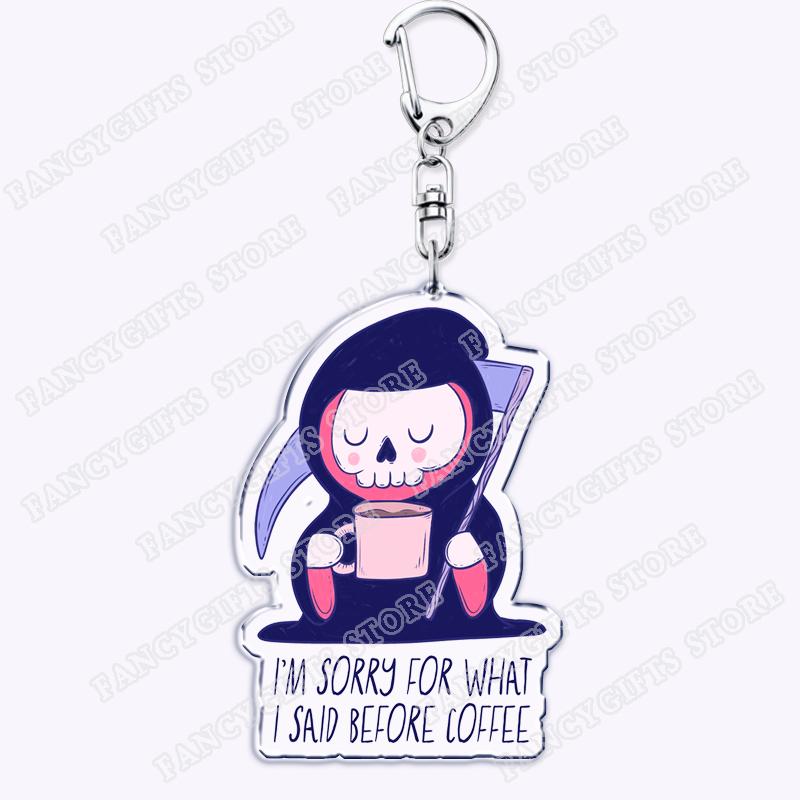 Funny Grim Reaper Coffee Lover Keychains for Accessories Bag Caffeine Cute Horror Death Skull Skeleton Keyrings Jewelry Gifts