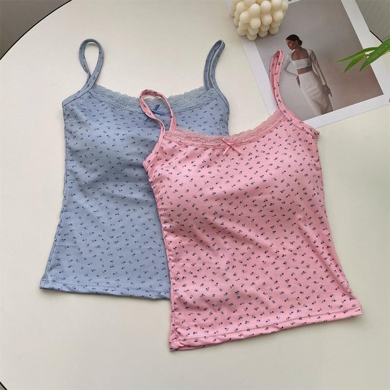 Summer Print Crop Tops for Women Bow Lace Camisole Sexy Backless Vest with Padded Basic Tank Top Style Y2K Streetwear