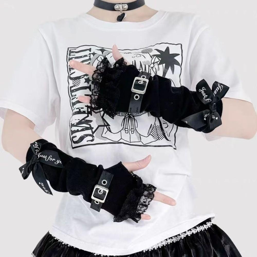 1pair Lace Ruffle Fingerless Gloves Buckle Closure Arm Cover Sleeves Women Girl