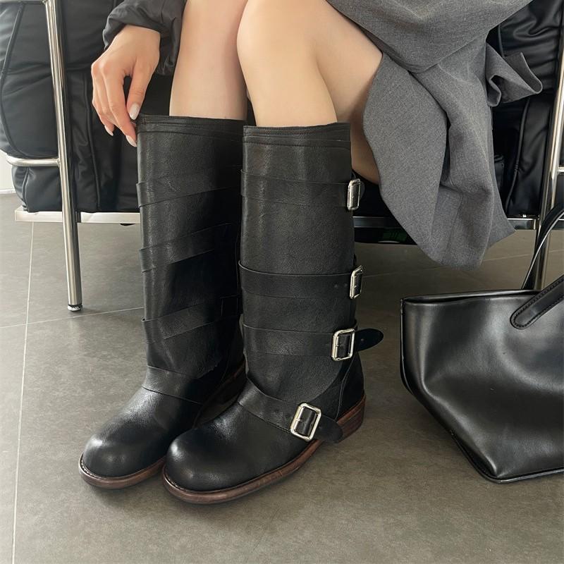 

Edition Wide Knight Boots Women s Boots 2025 New Low Heel Belt Buckle Western Wasteland Wind Boots 35