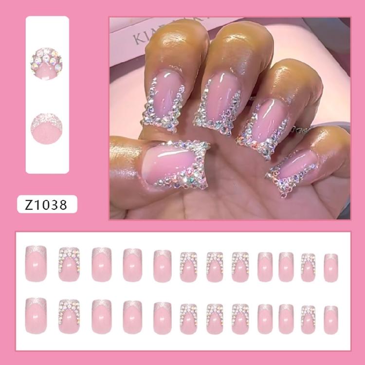 24 Pcs Rhinestones Acrylic Nail Square Full Cover Stick On Nail French Tip Press On Nail Simple False Nail