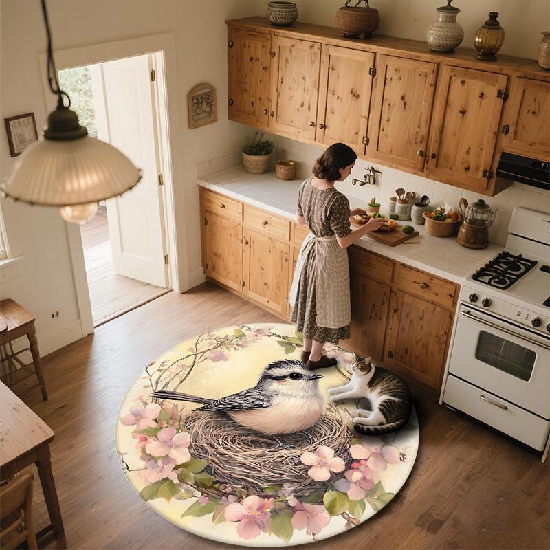 Flower Bird,Round Area Rug,Carpet Rug for Living Room Bedroom Sofa Playroom Decor,Non-slip Floor Mat
