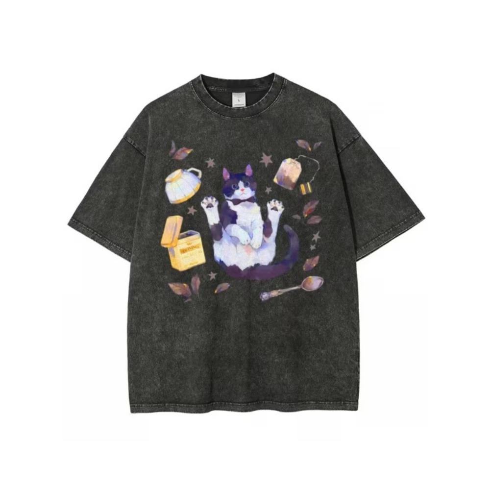 T-shirt Unisex con Stampa Gatto Acquerello Festa del Tè Girocollo Oversize Maglietta Casual Comoda Streetwear