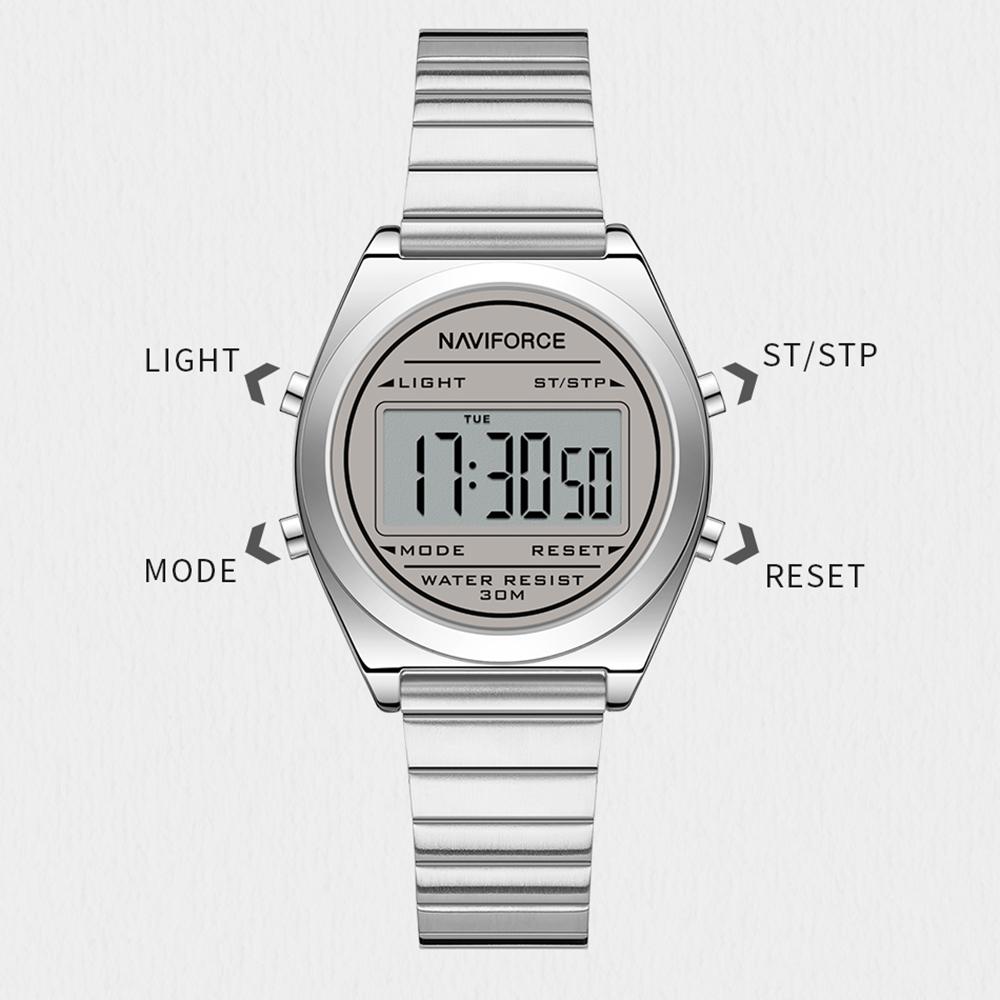 Naviforce Original Women Digital Watch Stainless Steel Strap Waterproof Calendar Chronograph Night Pattern Lady Girl Casual Fashion Watch NF5066