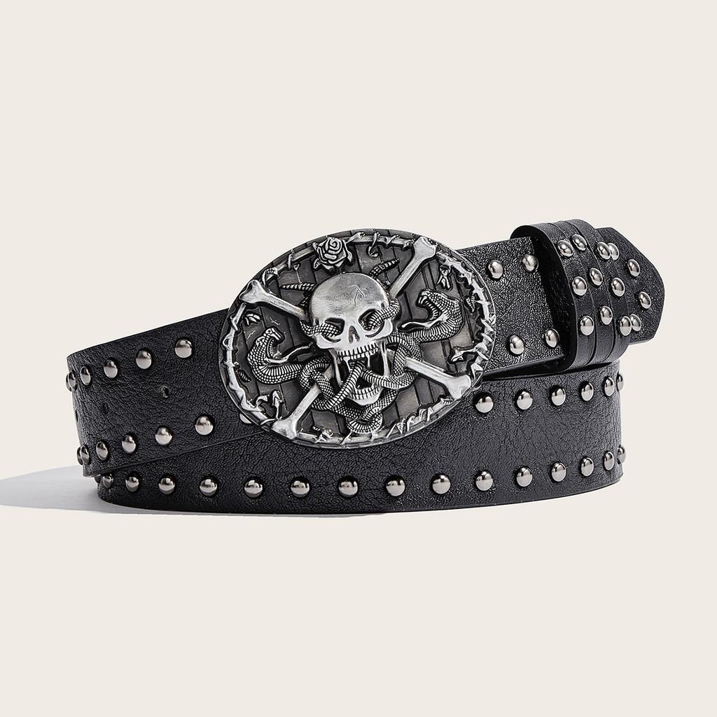 Skull Leather Punk Belt Men Rivet Design With Alloy Buckle For Hip Hop Style