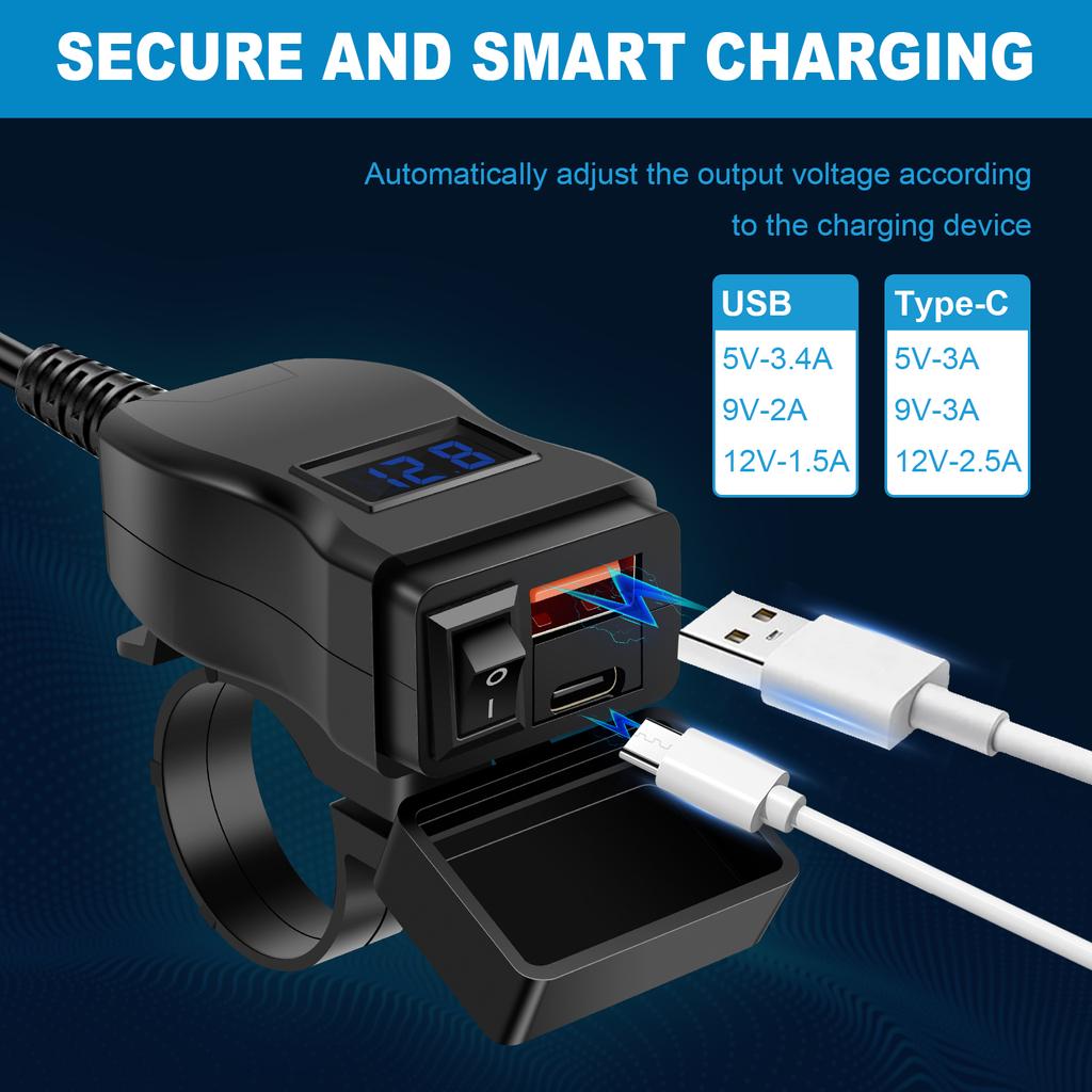 Motorcycle USB Fast Charger Waterproof SAE to USB Motorcycle Charger Double USB Type C PD and Quick Charge 3.0 Socket Connector