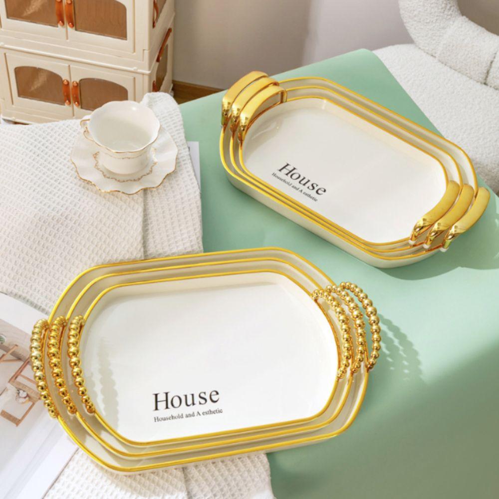 3PCS Light Luxury Plastic Tea Tray Set Golden Handle Rectangular Dessert Tray Stackable Thickened Brunch Tray Fruit