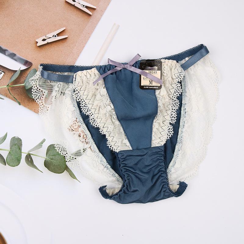 

Clearance Japanese-Style Lace Thongs: Sexy Embroidered Low-Waist Ladies Panties L (105-125 jin) синий