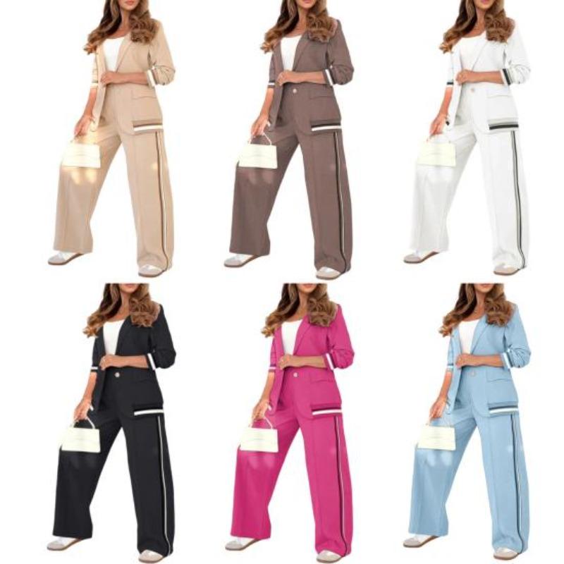 2 Pcs/Set Women Suit Coat Pants Suit Turn-down Collar Long Sleeves Stretchy Hem