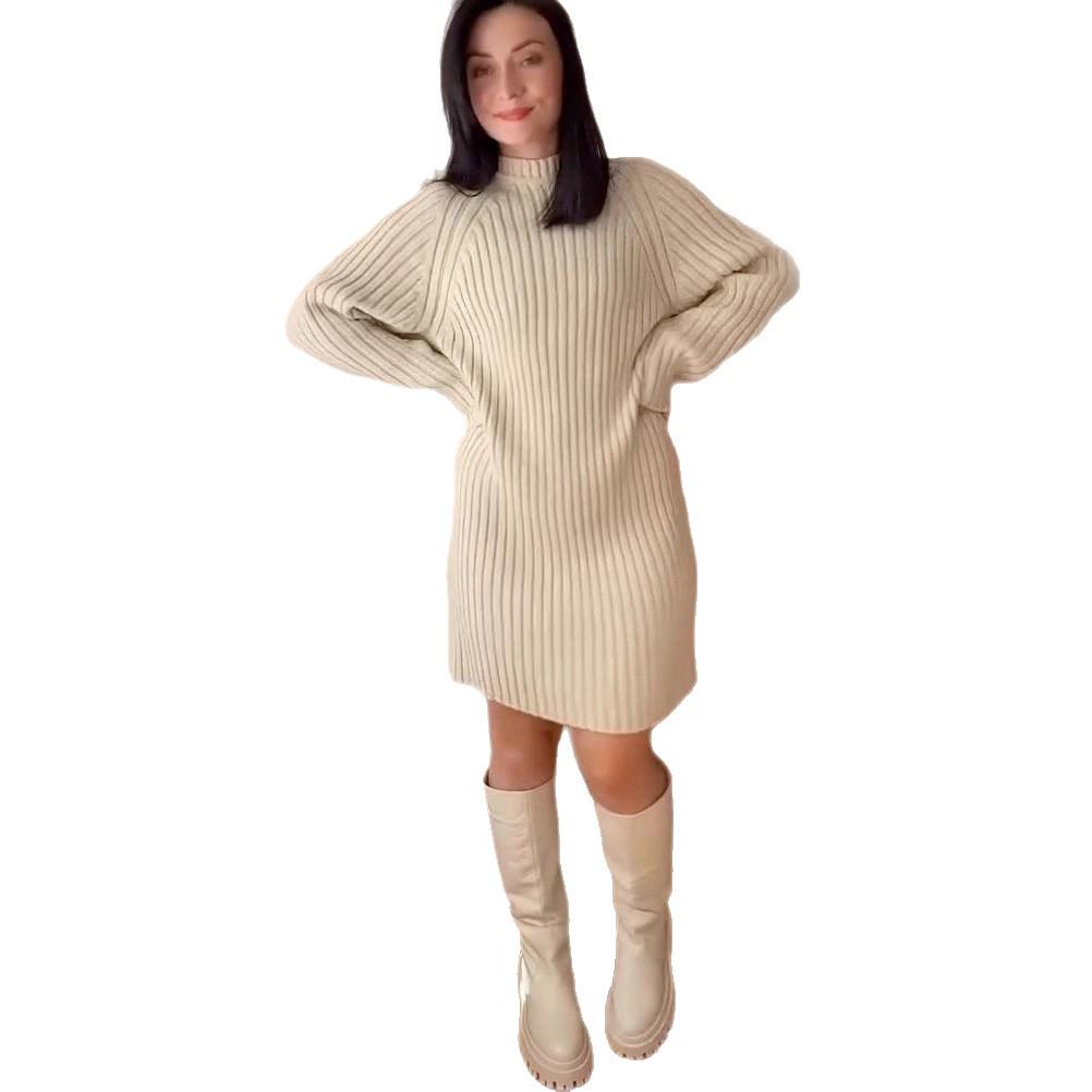 2025 Autumn Women's European & American Semi-High Neck Wool Blend Mid-Length Knit Dress