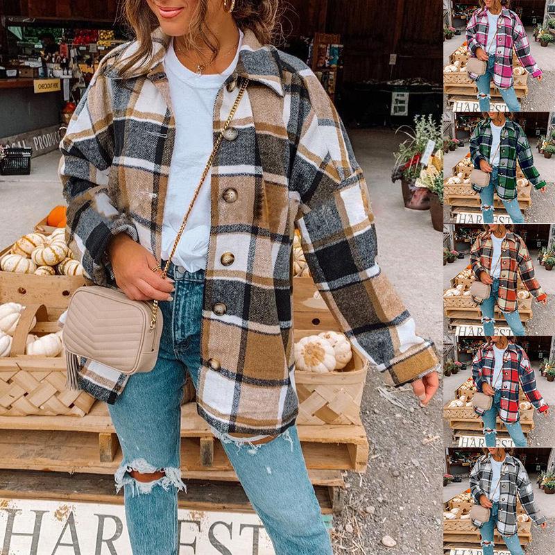 Autumn Winter Women Plaid Shirt Coat Stylish Plaid Print Shirt Coat for Women Lapel Blouse Jacket with Long Sleeves Fashion Warm Jackets