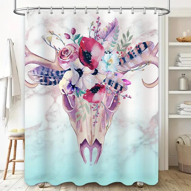 Vintage Skull Shower Curtain with Feather Design Watercolor Flowers Decor Lavender Blue White Colors for Bathroom Easy Installat