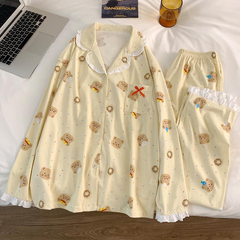 Butter Bear Print Imitation Cotton Long-Sleeved Pajamas Women'S Spring And Autumn Sweet Wind Casual Loungewear Set Real Shot