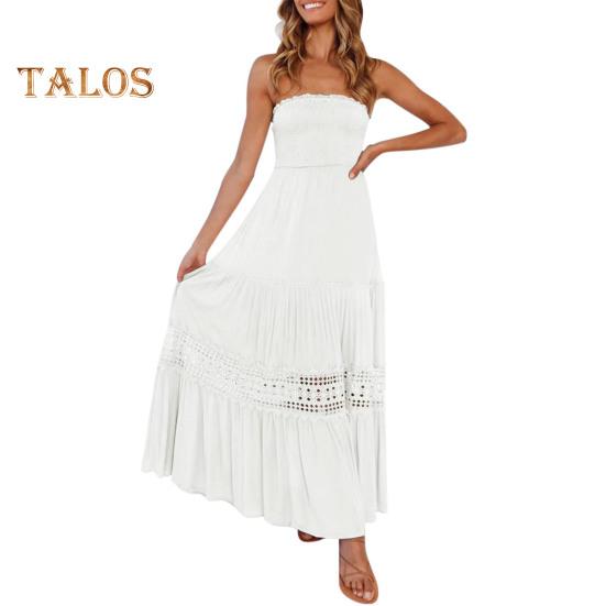 Women's Off Shoulder Maxi Dress Summer Smocked Lace Trim A Line Swing Dress Boho Strapless Flowy Beach Sundress