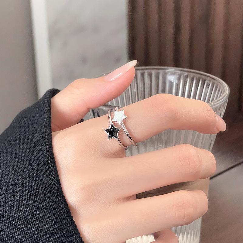 Simple Light Luxury Star Enamel Open Ring Black And White Color Scheme Niche Design Personalized Fashion Exquisite Ring