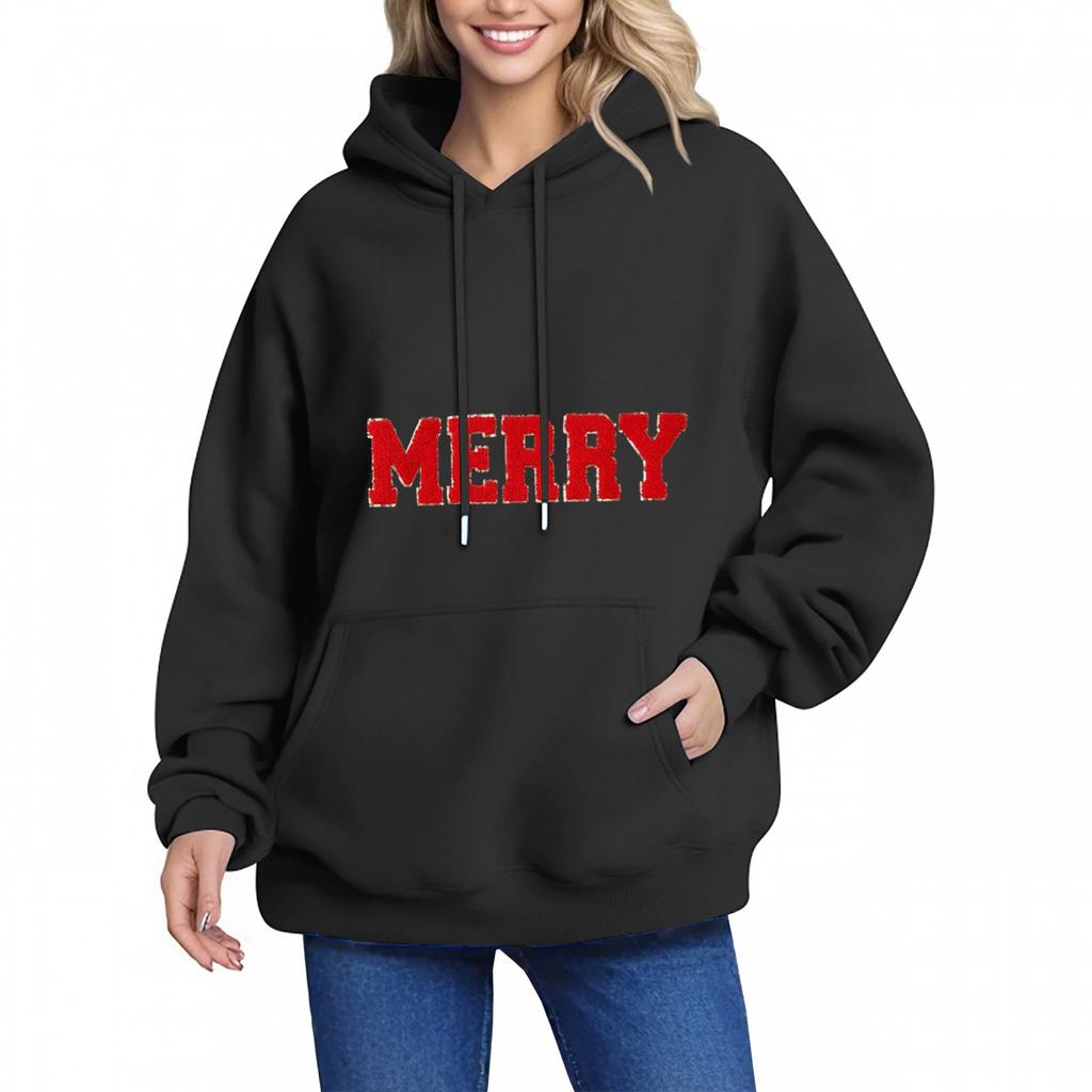 MERRY Women's Hoodie Letter Small Print Long Sleeve Pocket Loose Pullover Sweatshirt Top
