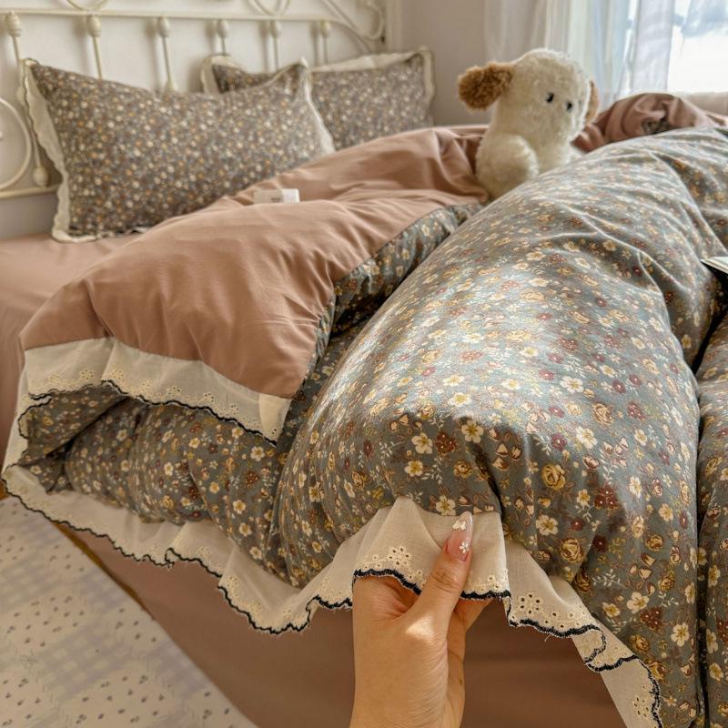 Spring/Summer Washed Cotton Lace 4-Piece Set - Retro French Princess Style for Student Dormitories