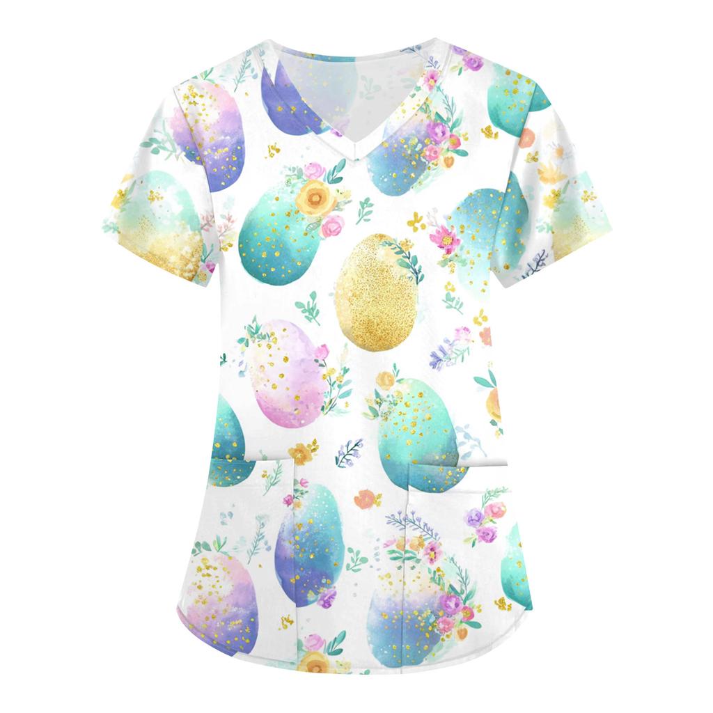Dámské velikonoční potisk volný V-výstřih kapsa krátký rukáv Ošetřovatel/ Uniforma