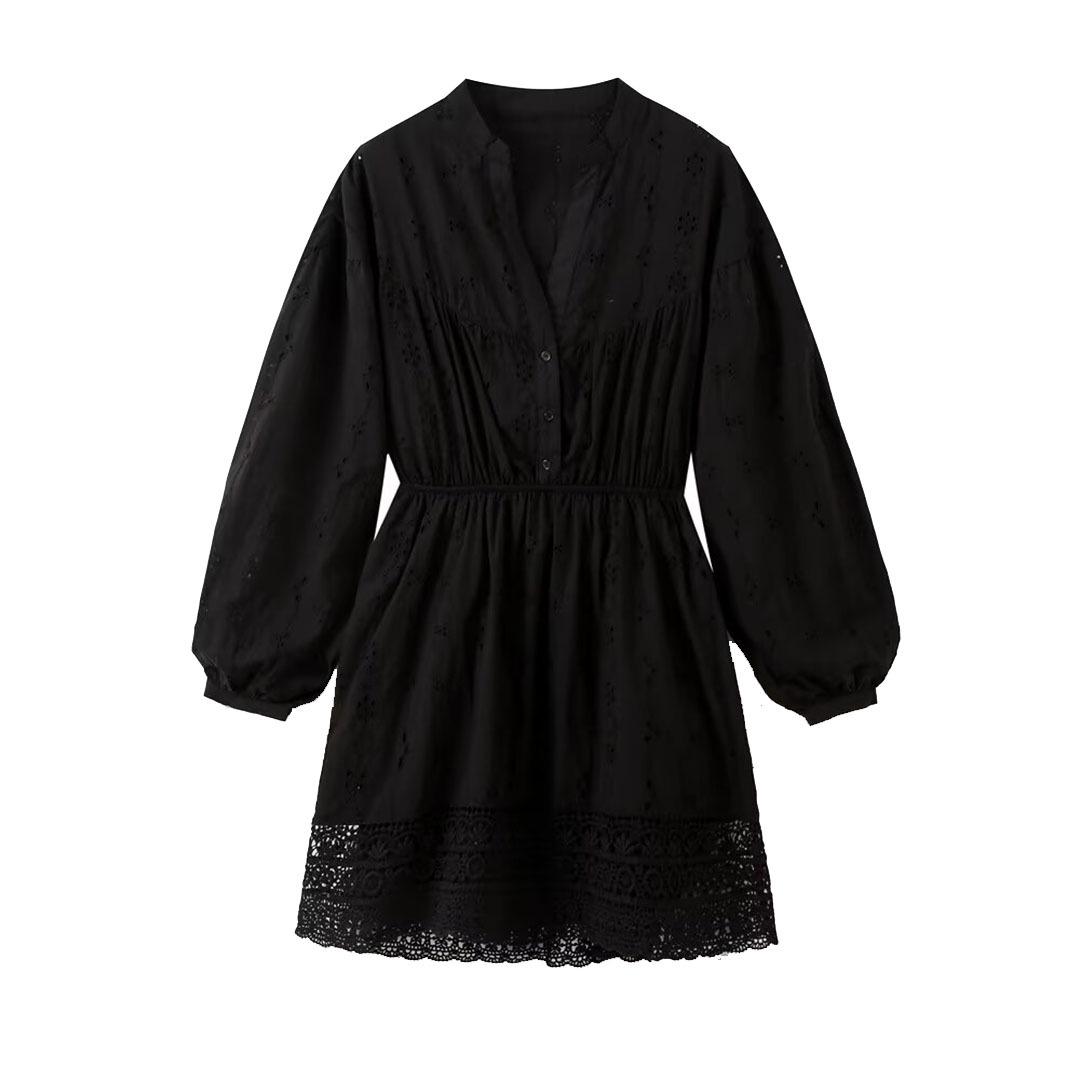 

2024 Осень Женское Мини-платье в Европейском и Американском Стиле с Полой Вышивкой Medium чёрный