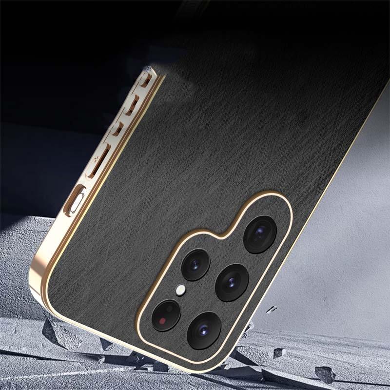 For Samsung S25 Ultra 5G Gold Silk Texture Leather Phone Case For Galaxy S24 FE S23 Ultra S22 Plus 6D Plating Bumper Back Cover