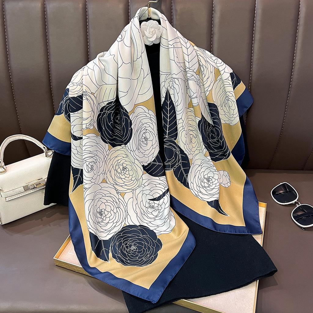 Spring new camellia printing silk scarf decorative binding scarf versatile high-end neck protection windproof breathable square scarf