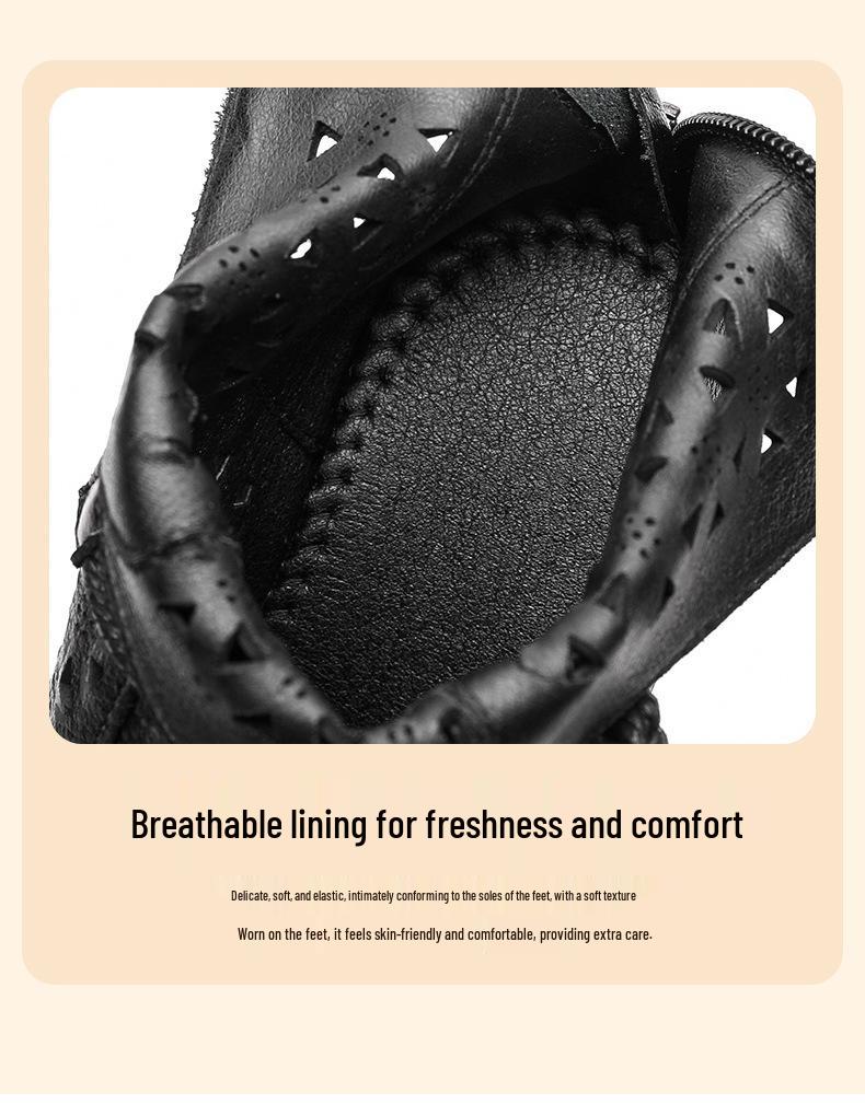 2025 Summer Genuine Leather Peep-Toe Perforated Mid-Heel Sandals - Women's Retro Chunky Heel Martin Boots.