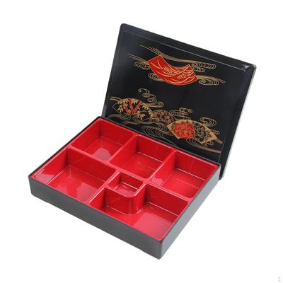 Japon Bento Kutusu Öğle Yemeği Kırmızı ve Siyah 6 Bölmeli Gıda Konteyneri Restoran için Servis Tabağı