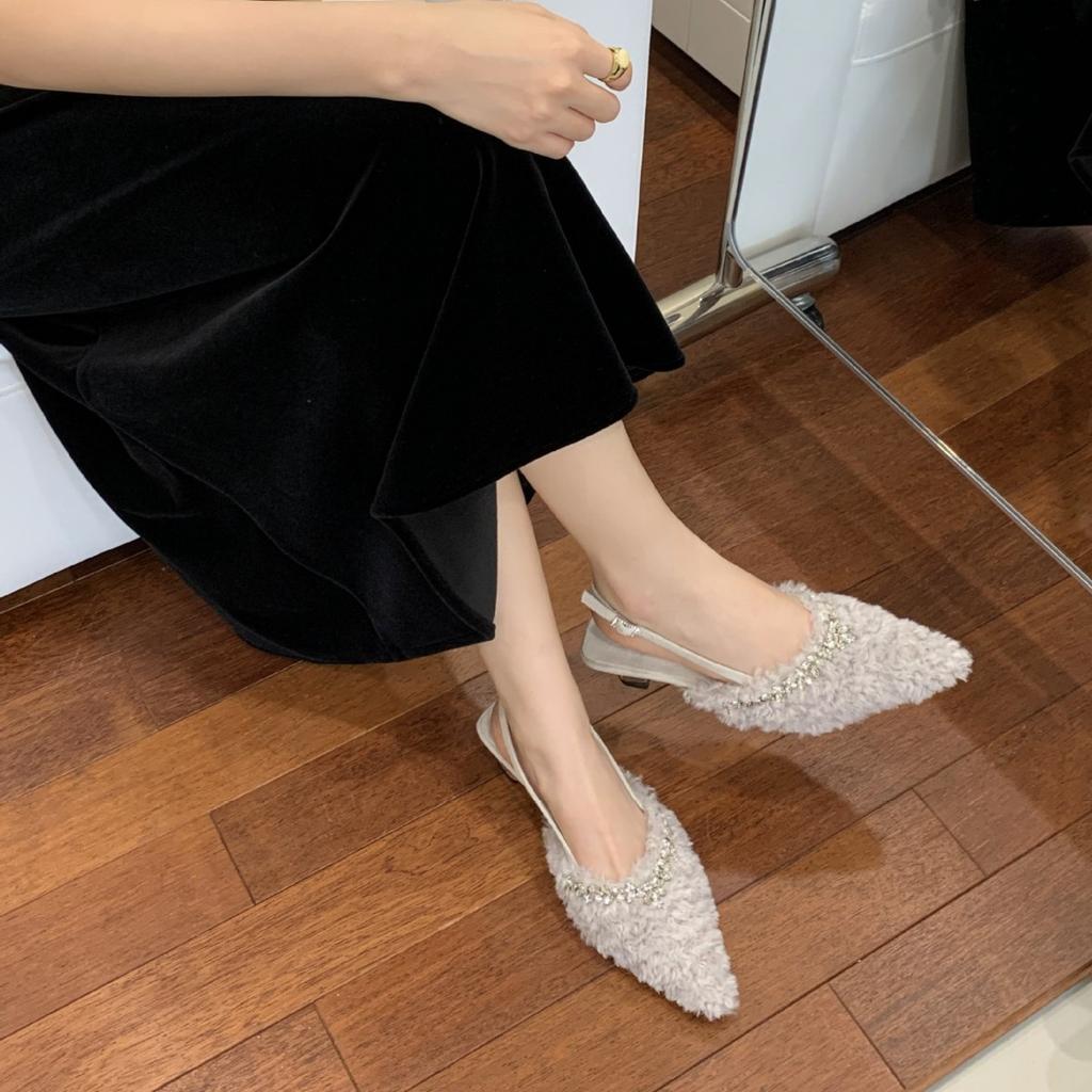 Hand-made Rhinestones, Back Straps, I-heel, Medium Heel, Lamb Wool, Pointed Head, Bag Head, Fluffy Shoes, Special-shaped Heel, Women's Shoes, Autumn