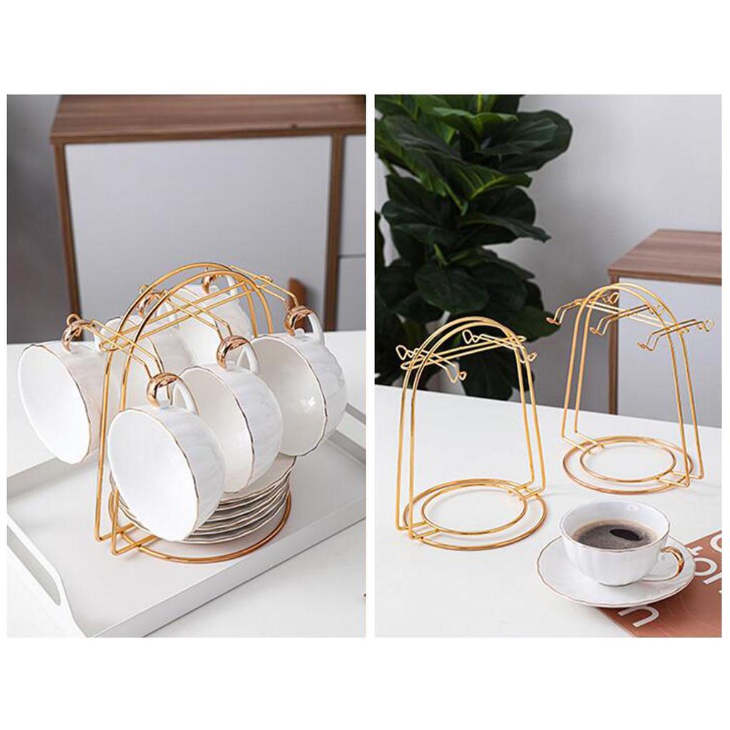 Tea Cup and Saucer Display Rack Mug Hanger Water Drainer Stainless Steel Cup Rack for Countertop Bottle Kitchen Decor