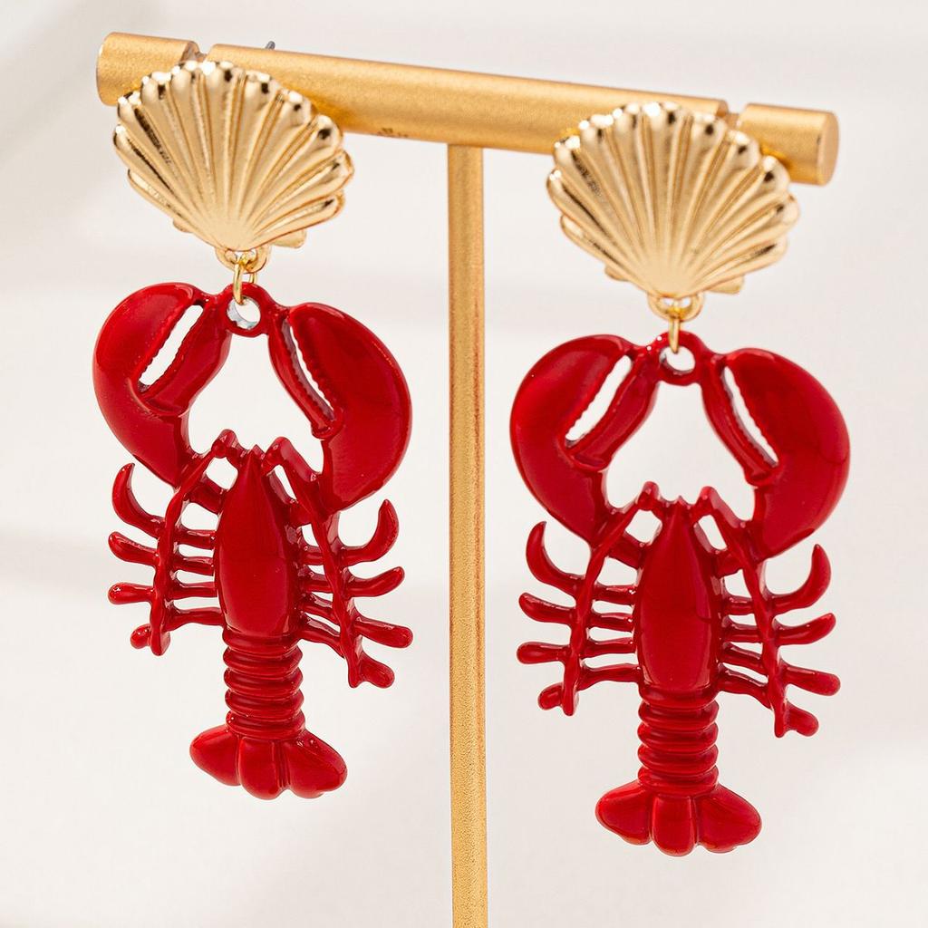 Hot Sale Marine Life Series Red Lacquer Lobster Earrings Metal Shell Earrings Ladies Wear Earrings