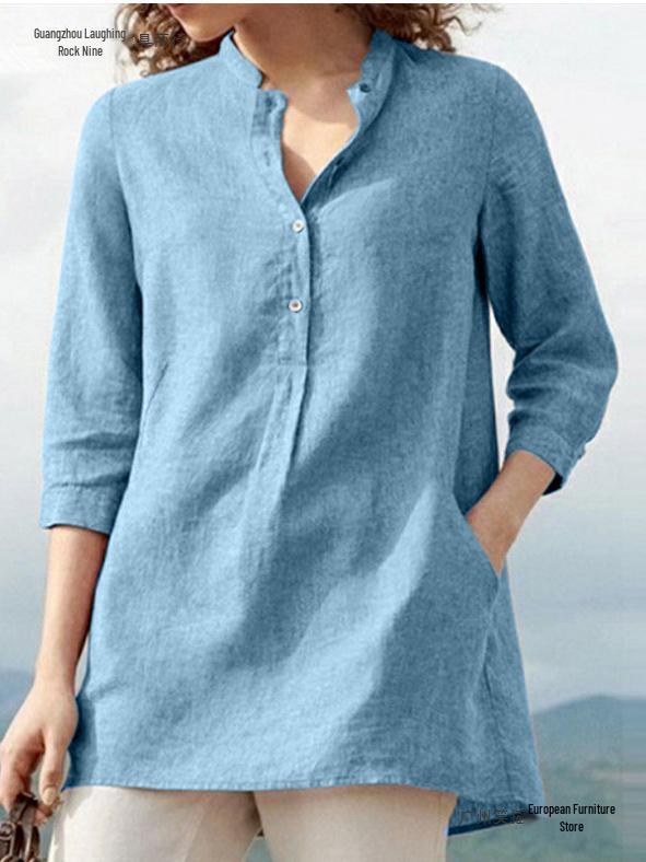 Damen Baumwoll-Leinen Hemd mit Sieben-Ärmeln und Stehkragen - Herbst Uni-Farben Patchwork Pullover