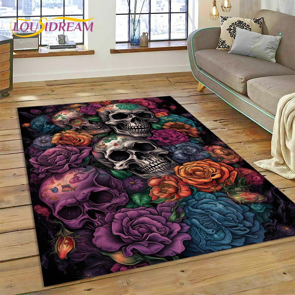 Cartoon Horrible Gothic Skull Flowers Carpet Rug for Home Living Room Bedroom Sofa Doormat Decor,Kid Area Rug Non-slip Floor Mat
