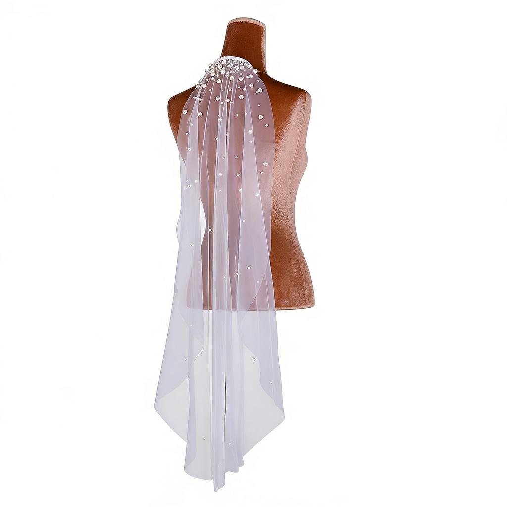 Pearls Crystal Decors Bridal Veils with Hair Comb Seethrough Sheer Single Layer Head Veils for Wedding Event Photography