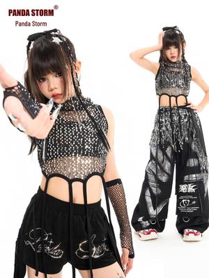 Ensemble de Danse Jazz à Sequins pour Filles: Gilet, Short et Pantalon Long à Strass pour Performance de Street Dance