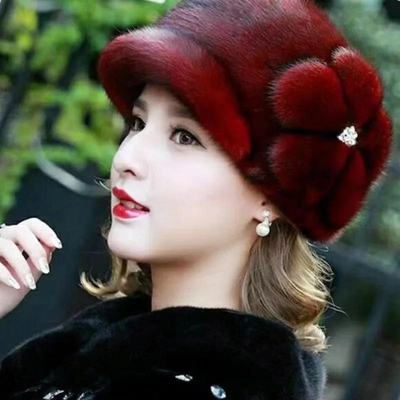 WTEMPO Large Flower Retro Elegant Warm Thickened Soft Women's Hats Autumn Winter Casual Versatile Plush Hats Solid Color Windproof Cold-proof Hats